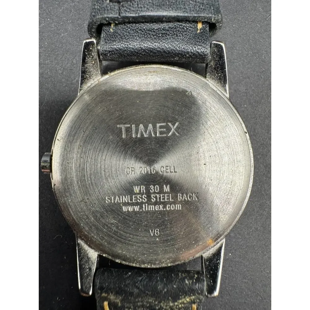 Timex Indiglo WR 30m Easy Reader Watch White Dial Black Leather Band 35mm